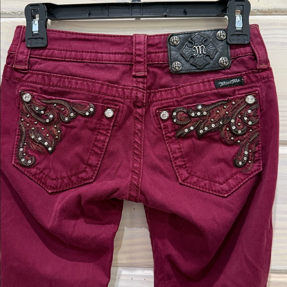 Miss Me Women's Skinny Jeans - Burgundy with Embellished Pockets